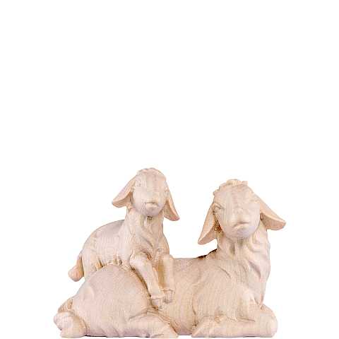 Pecora sdraiata con agnello - Statuina artigianale in legno stile Artis, Demetz Deur, adatta a presepe da 12 cm.