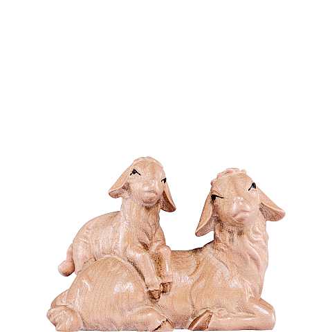 Pecora sdraiata con agnello - Statuina artigianale in legno stile Artis, Demetz Deur, adatta a presepe da 20 cm.