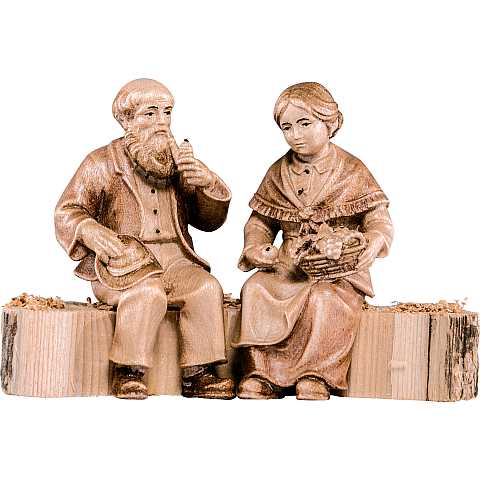Coppia di nonni sul tronco per - Demetz - Deur - Statua in legno dipinta a mano. Altezza pari a 11 Cm - Demetz Deur
