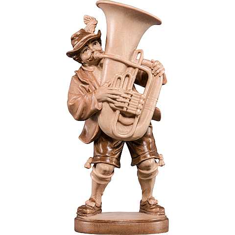 Statuina Suonatore di Tuba, Statua Musicista con Tuba, Legno 3 Toni di Marrone, Linea  20 cm.