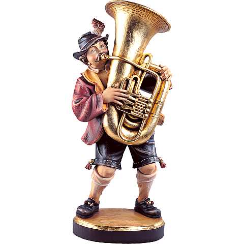 Statuina Suonatore di Tuba, Statua Musicista con Tuba, Legno Dipinto a Mano, Linea  25 cm.