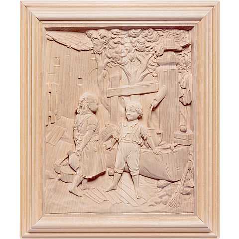 Ragazzi alla fontana con cornice - Demetz - Deur - Statua in legno dipinta a mano. Altezza pari a 38 cm.