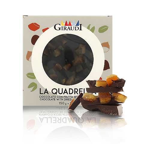 Tavoletta di cioccolato fondente 61% con arancia candita, 150g, linea Le Quadrelle