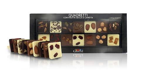 Scatola di cioccolatini artigianali Quadretti misti con frutta secca e candita, 180 grammi, linea Quadretti