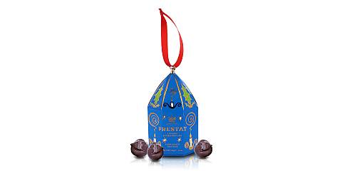 Confezione Regalo Blu, Decorazione per Albero di Natale con Tartufi di Cioccolato Fondente al Caramello e Sale Marino, Idea Regalo per Natale, 60 Grammi