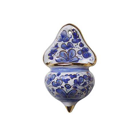 Acquasantiera in Ceramica di Deruta, Manufatto Artigianale di Deruta Cm 13 - Modello Arabesco Celeste e Oro
