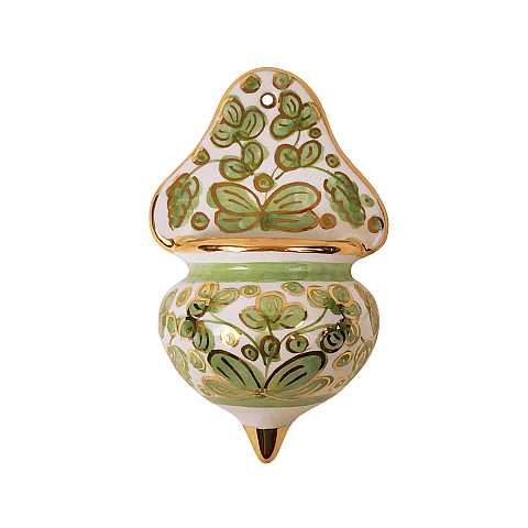 Acquasantiera in Ceramica di Deruta, Manufatto Artigianale di Deruta Cm 13 - Modello Arabesco Verde e Oro