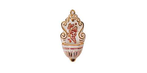 Acquasantiera in Ceramica di Deruta, Manufatto Artigianale di Deruta, Modello Arabesco, Rosso/Oro, 12 Cm