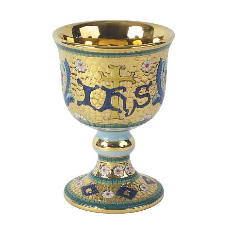 Calice con Simbolo IHS ''Modello Bizantino'' Dipinto a Mano Su Coppa, Ceramica, Oro e Azzurro, 15 Cm