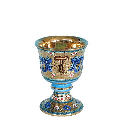 Calice con Simbolo Croce Tau ''Modello Bizantino'', Ceramica di Deruta, Calice Liturgico Artigianale di Deruta, Oro e Azzurro, 15 Cm