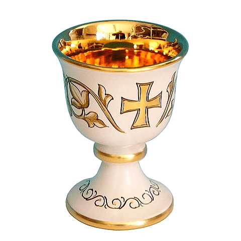Calice con Croce, Ceramica di Deruta, Calice Liturgico Artigianale di Deruta, Bianco e Oro, 15 Cm