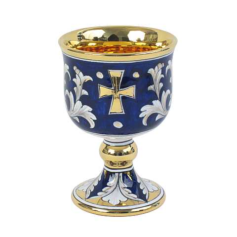 Calice con Croce, Ceramica di Deruta, Calice Liturgico Artigianale di Deruta, Blu, Bianco e Oro, 15 Cm