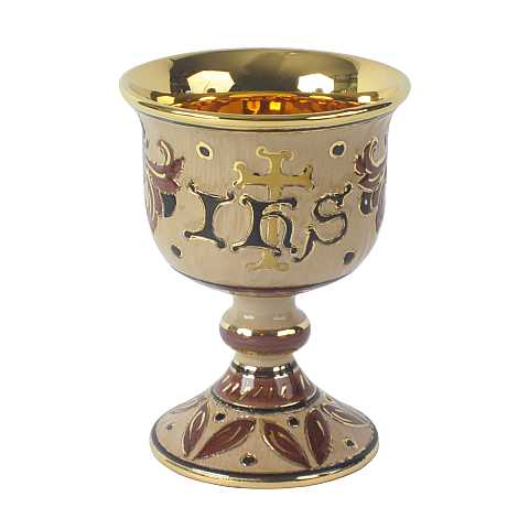 Calice con Simbolo Ihs, Ceramica di Deruta, Calice Liturgico Artigianale di Deruta, Marrone e Oro Graffito, 15 Cm