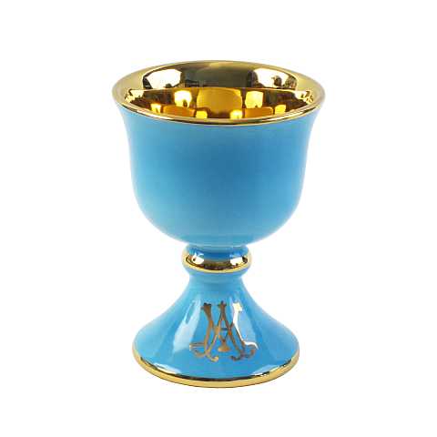 Calice con Simbolo Ihs ''Modello Mariano'', Ceramica di Deruta, Calice Liturgico Artigianale di Deruta, Azzurro e Oro, 15 Cm