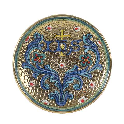 Sambuco Arte Sacra Patena in Ceramica di Deruta Fatta a Mano, Patena per Celebrazione Messa Realizzata Artigianalmente in Italia a Deruta con Simbolo Ihs ''Modello Bizantino'',  15 Cm