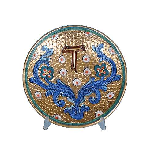 Patena in Ceramica di Deruta, Manufatto Artigianale di Deruta Simbolo Tau 