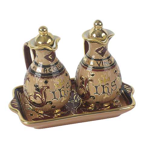 Sambuco Arte Sacra Ampolline Anfora in Ceramica di Deruta, Ampolle Artigianali di Deruta per Chiesa / Messa, con Simbolo Ihs - Modello Deruta Marrone Oro Graffito