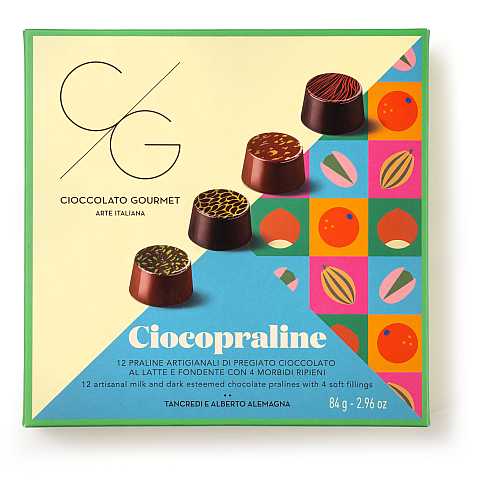 CG Ciocopraline da Cioccolato Gourmet, Praline Artigianali al Cioccolato al Latte e Fondente con Ripieno al Pistacchio, Nocciola e Arancia, Praline Ripiene, 84g