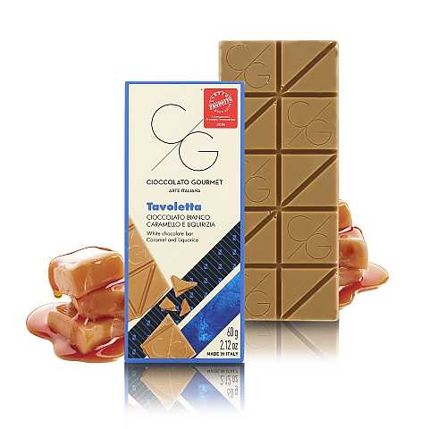 Tavoletta Di Cioccolato Gourmet, Cioccolato Bianco Al Caramello E Liquirizia, 60 Grammi