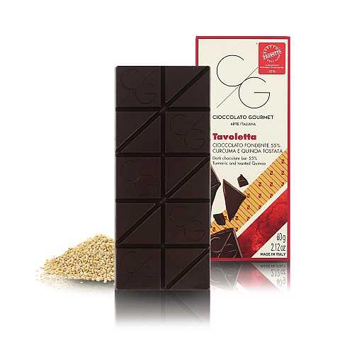 Tavoletta Di Cioccolato Gourmet, Cioccolato Fondente 55% Alla Curcuma E Quinoa Tostata, 60 Grammi