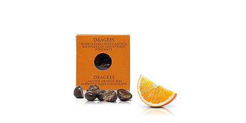 Dragèes con scorza d'arancia candita ricoperta di cioccolato fondente 66%, Praline con frutta candita - 120g
