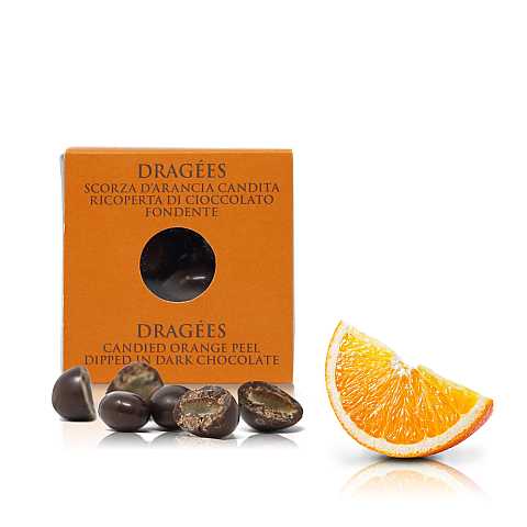 Dragèes con scorza d'arancia candita ricoperta di cioccolato fondente 66%, Praline con frutta candita - 120g