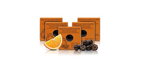 Pepite di frutta all'arancia ricoperte di cioccolato fondente 66%, praline alla frutta e cioccolato - 60g