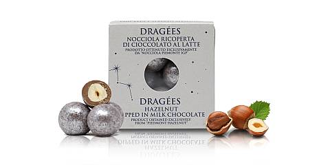 Dragèes con Nocciola Piemonte IGP ricoperta di cioccolato al latte 36% color argento, Linea Stardust - 120g