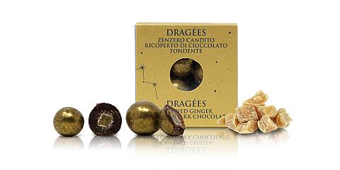 Dragèes con zenzero candito ricoperto di cioccolato fondente 66% color oro, Linea Stardust - 120g