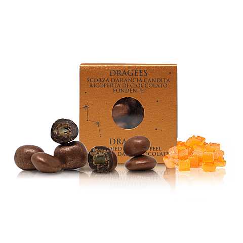Dragèes con scorza d'arancia candita ricoperta di cioccolato fondente 66% color rame, Linea Stardust - 120g