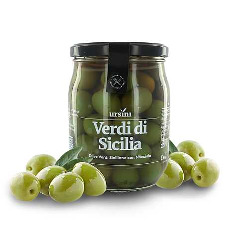 Olive Verdi Siciliane in Salamoia, Olive di Sicilia con Nocciolo, 550g, Peso Sgocciolato 330g