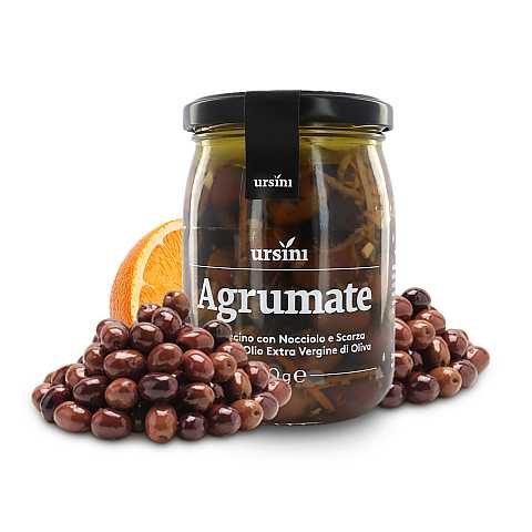 Olivette agrumate, olive Leccino in olio extra vergine d'oliva aromatizzate con scorza di agrumi, 260g