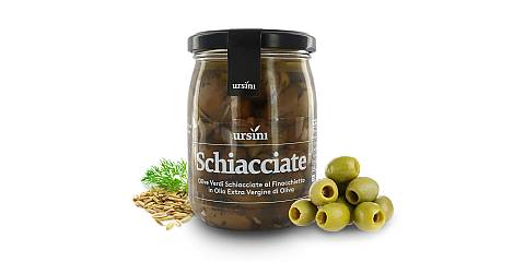 Olive verdi denocciolate schiacciate, aromatizzate al finocchietto, in olio extra vergine d'oliva, 260g