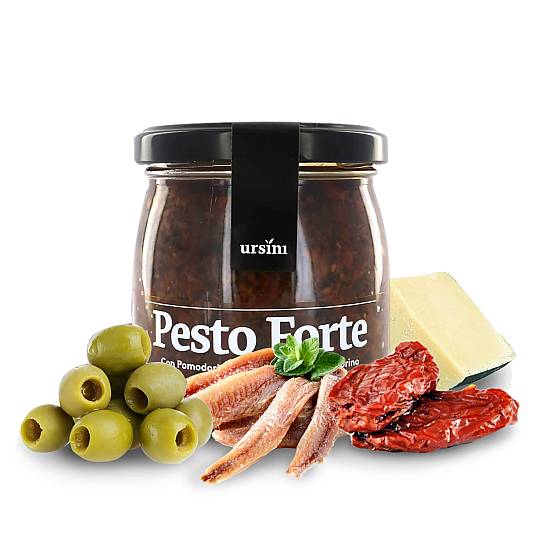 Pesto Forte, con pomodoro secco, olive nere, alici e pecorino, gusto deciso, 170g
